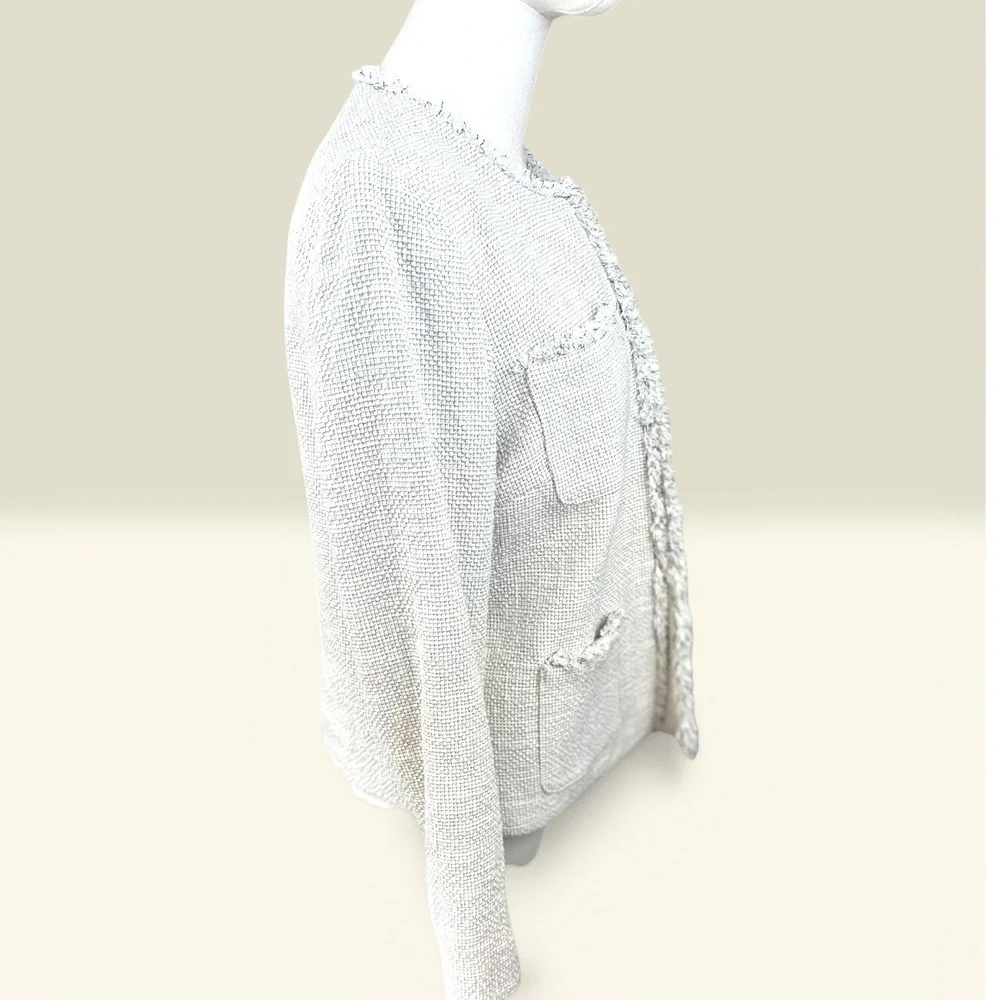 J.McLaughlin Tweed Lady Jacket Size S‎ Cream Fringe Trim Cotton Blend Excellent